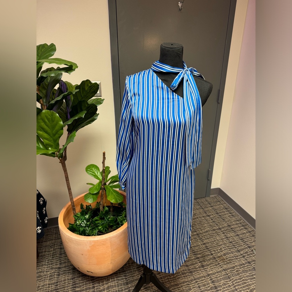 BCBG Striped Satin Dress with Neck Bow Tie